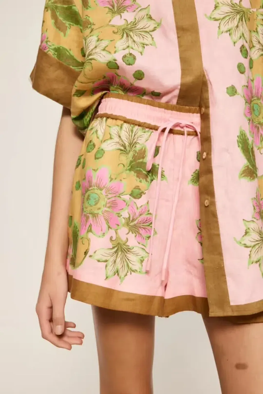 Alemais Winnie Shirt Size 6 and Short Size 10 Set Floral Spliced Pink for rent on The Volte - main image
