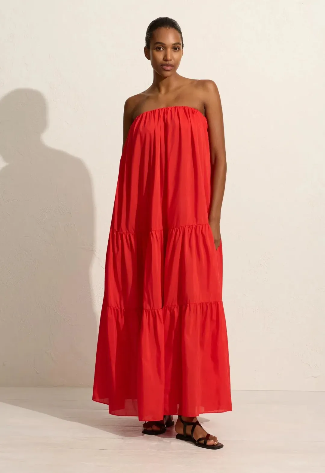 Matteau voluminous strapless tiered dress in Rosso red Size 3 / AU 10 for rent on The Volte - main image