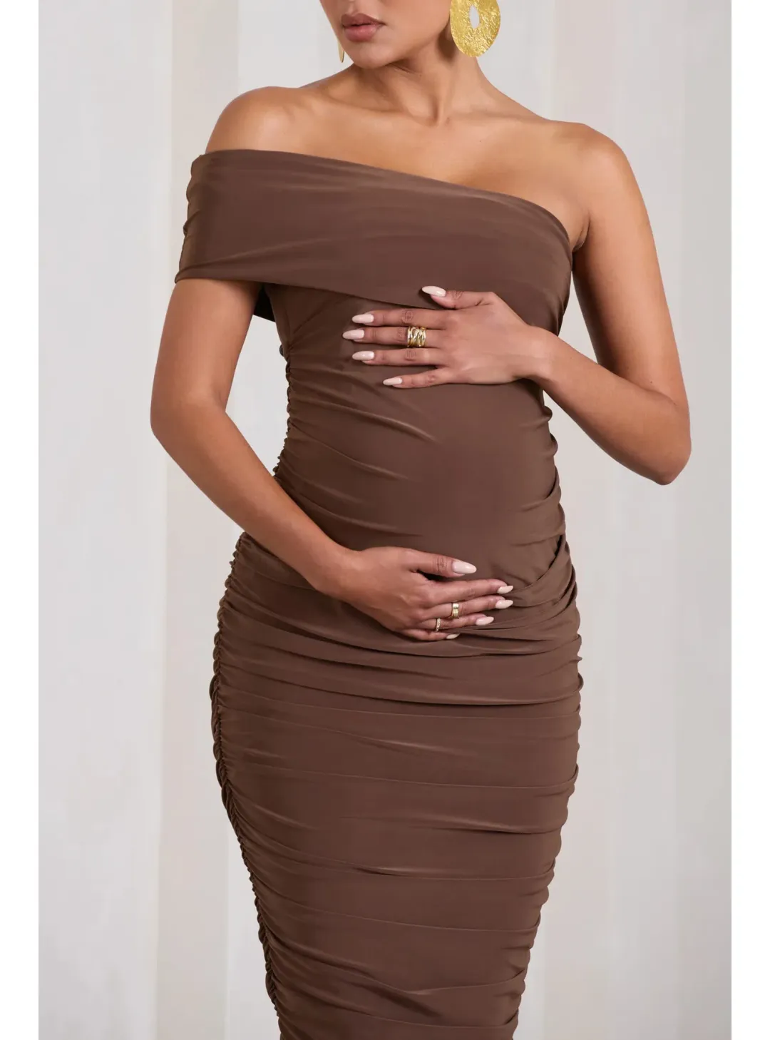 Club L London Remember Me Maternity One Shoulder Midi Dress Chocolate Size AU 12 for rent on The Volte - main image