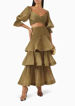Zimmermann Pleated Bodice and Tiered Skirt Set in Olive Size 1 / AU 10 for rent on The Volte - image 1