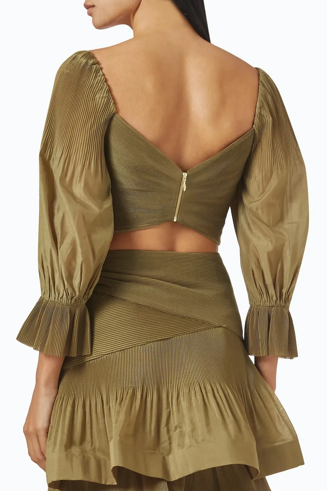 Zimmermann Pleated Bodice and Tiered Skirt Set in Olive Size 1 / AU 10 for rent on The Volte - main image