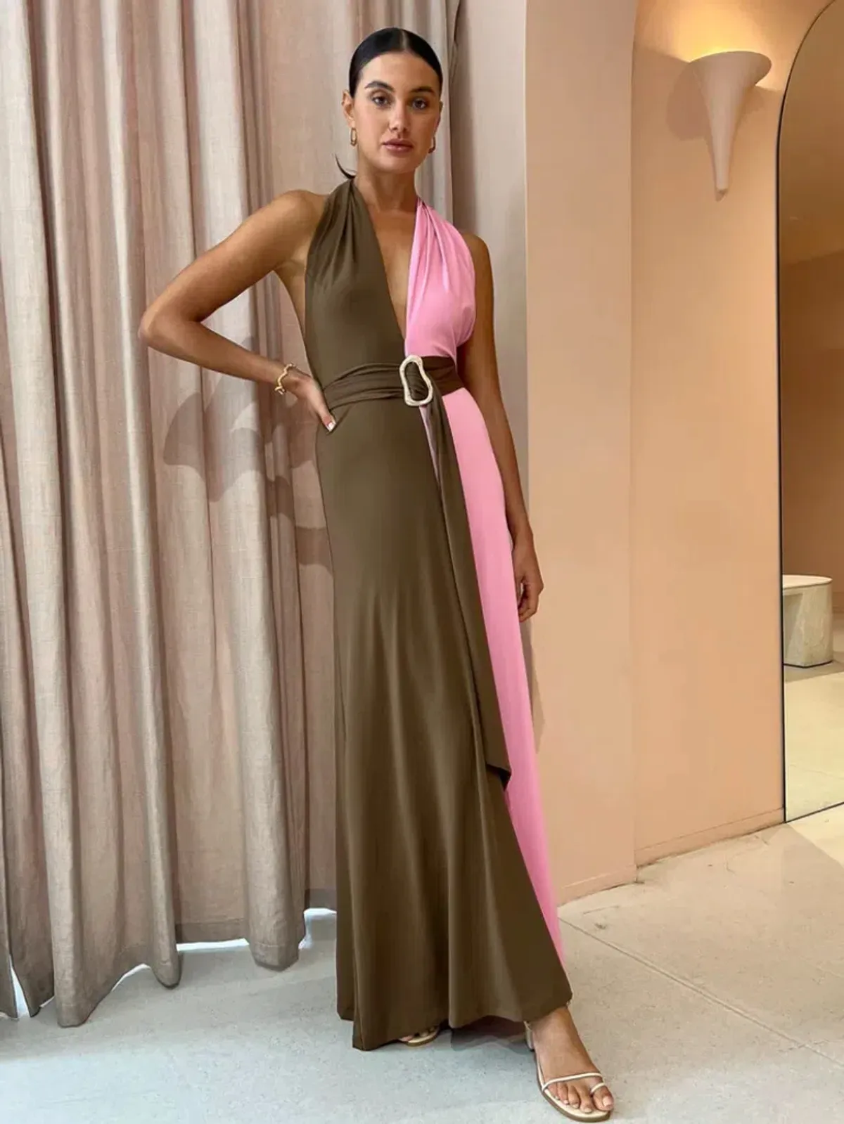 Hansen and Gretel Tempest Halter Wrap Dress in Carob/Pink Size S / AU 8 for rent on The Volte - main image