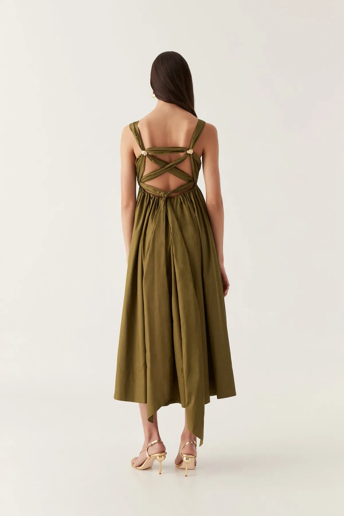 AJE Nova Tie Back Midi Dress in Deep Olive Size 8 for rent on The Volte - main image