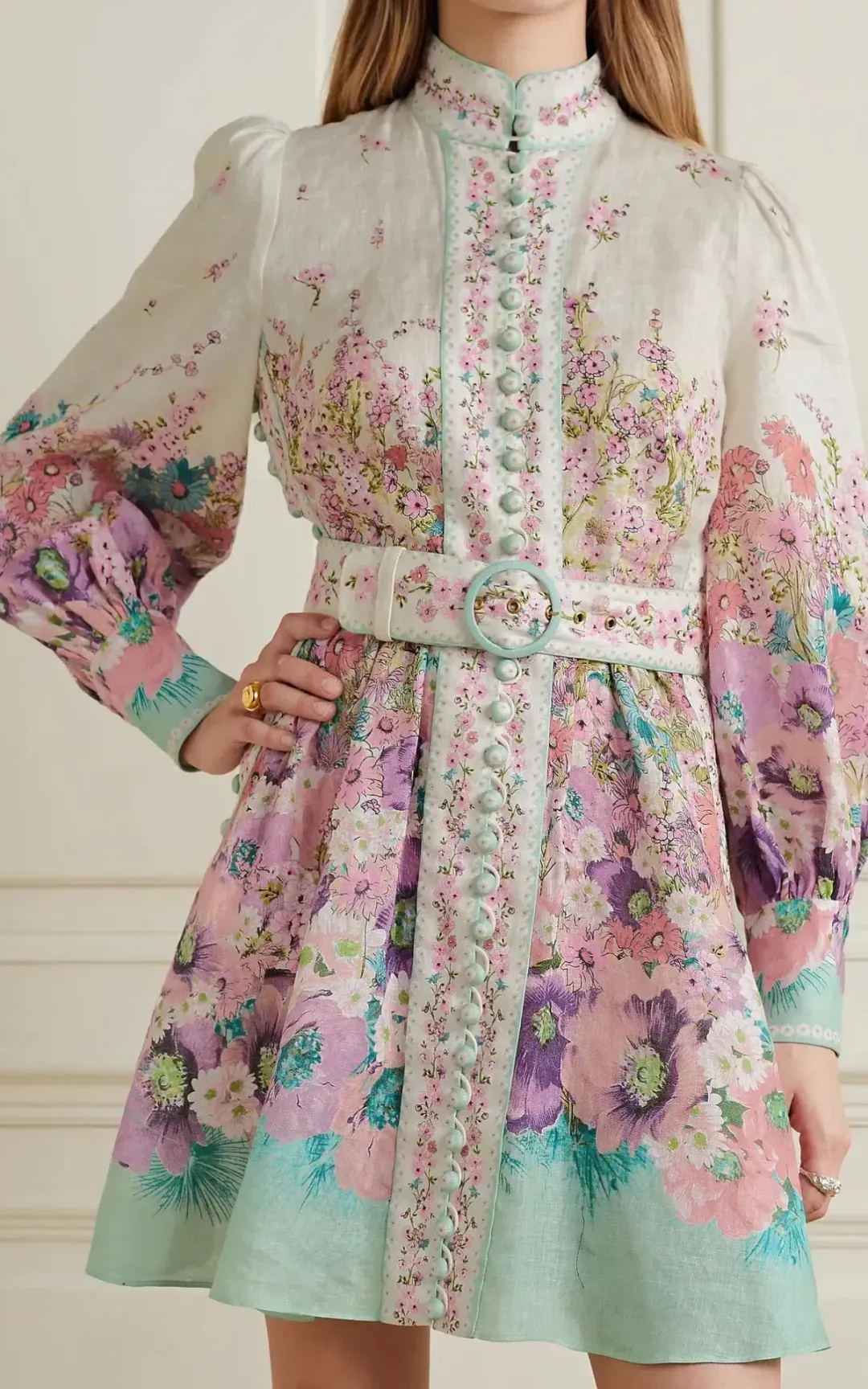 Zimmermann Jude Buttoned Mini Dress Aqua Gradient Floral Size 2 / AU 12 for rent on The Volte - main image