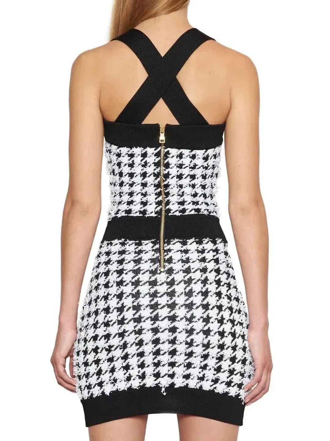 Balmain Pied De Poule Strappy Knit Mini Dress Black/White Size 8 for rent on The Volte - main image