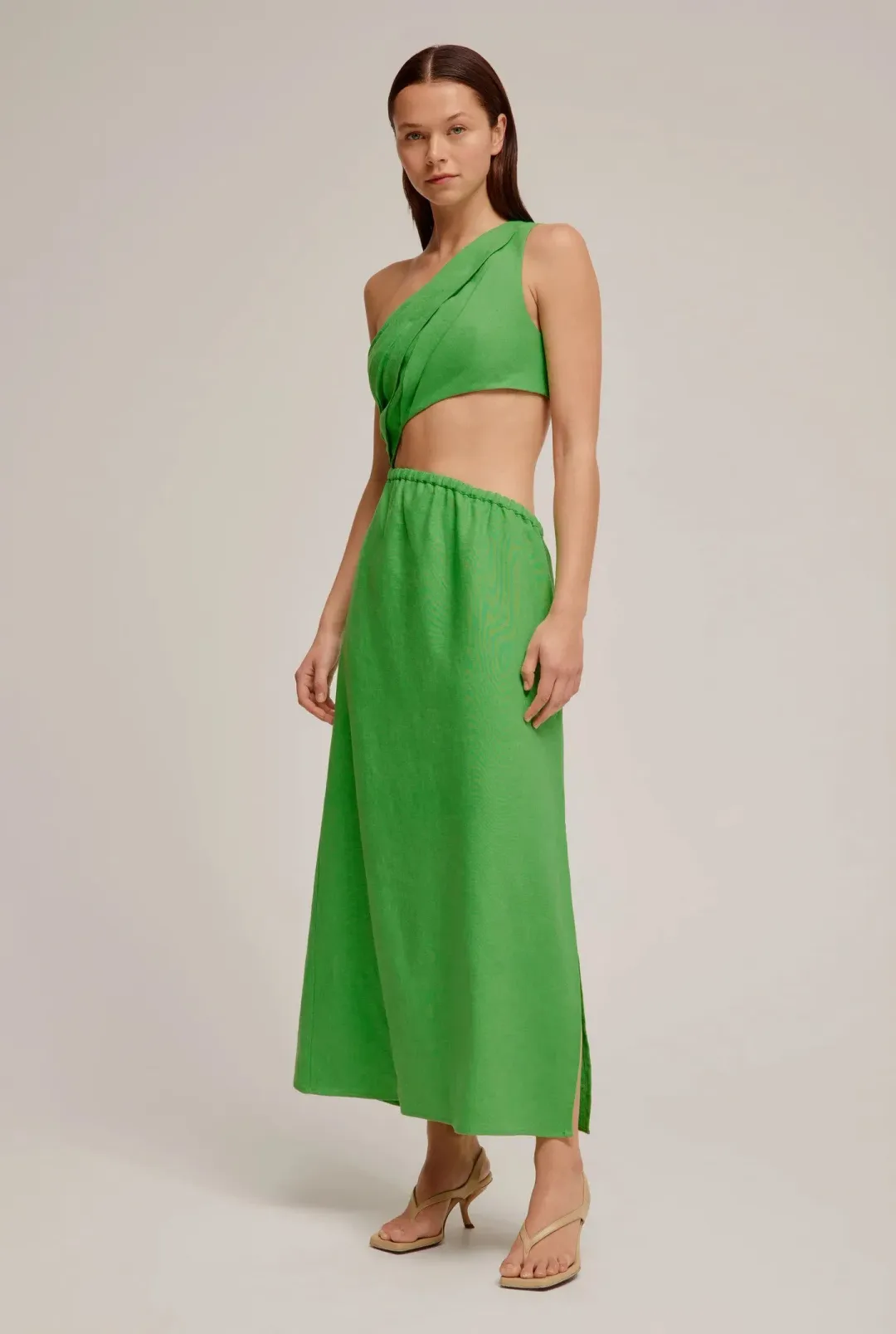 Venroy The Draped One Shoulder Cut Out Midi Dress in Vibrant Green Size M / AU 10 for rent on The Volte - main image