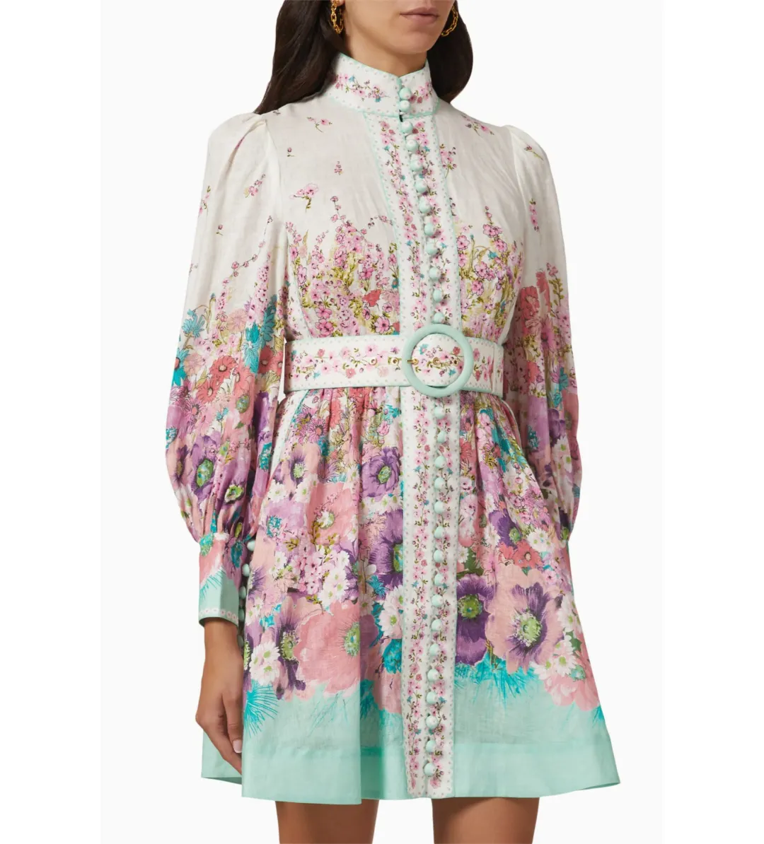 Zimmermann The Jude Buttoned Mini Dress in Aqua Gradient Flora Size 0/Au 8 for rent on The Volte - main image