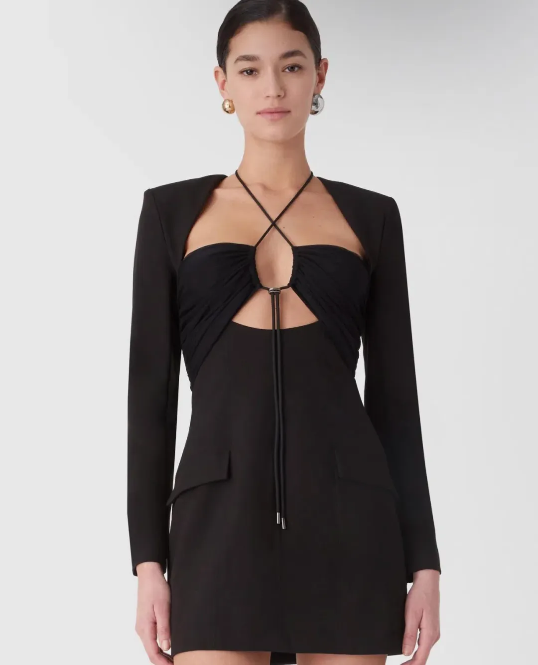 Misha Solange Mesh and Tailoring Mini Dress Black Size 10 for rent on The Volte - main image