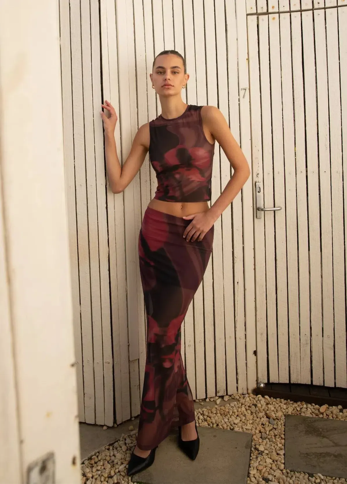 With Harper Lu Mesh Top and Maxi Skirt Set in Deep Orchid Size 8 for rent on The Volte - main image