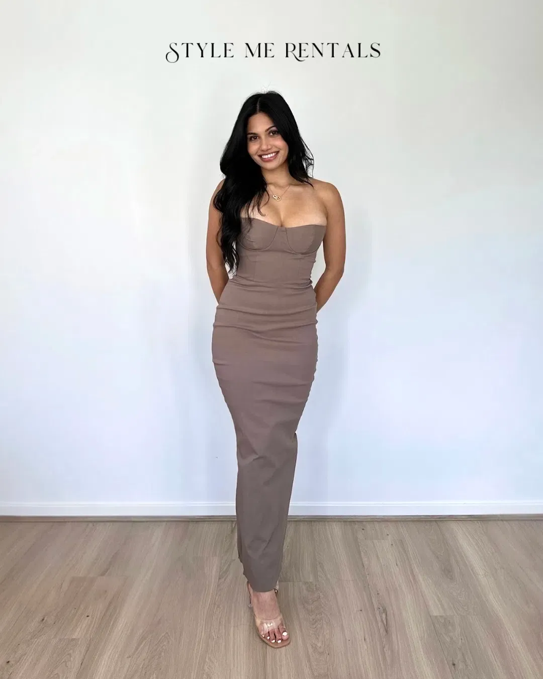 House of CB Lucia Strapless Corset Maxi Dress Taupe Size S for rent on The Volte - main image