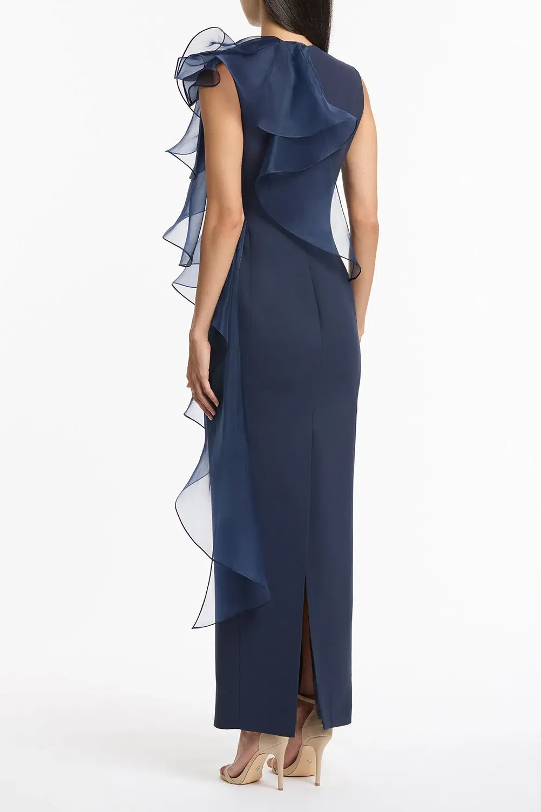Carla Zampatti Crepe Ruffle Shoulder Gown Navy Size 6 for rent on The Volte - main image