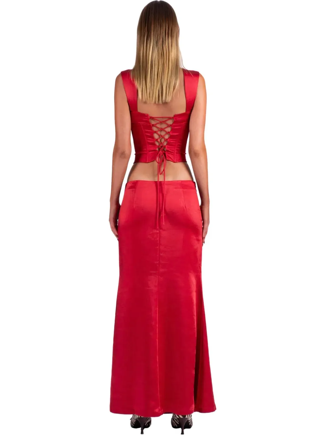 I Am Delilah Valerie Corset and Maxi Skirt Set in Cherry Red Size XS / AU 6 for rent on The Volte - main image