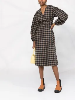Ganni Fossil Seer Sucker Wrap Dress Check Print Size M / AU 10 for rent on The Volte - image 1