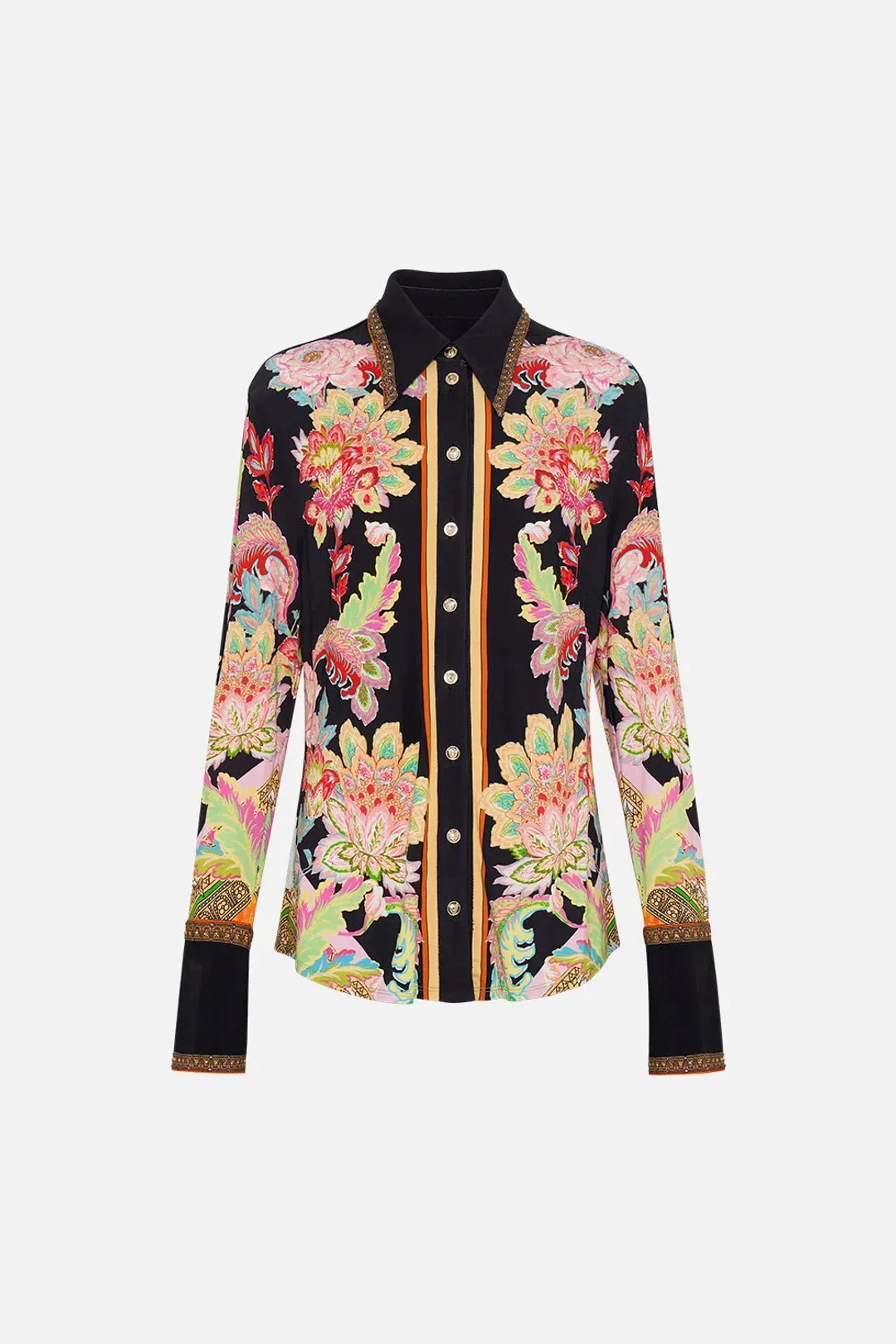 Camilla Sundowners In Sicily Fitted Jersey Shirt & Flare Pant Set Multi Floral Size S / AU 10 for rent on The Volte - main image