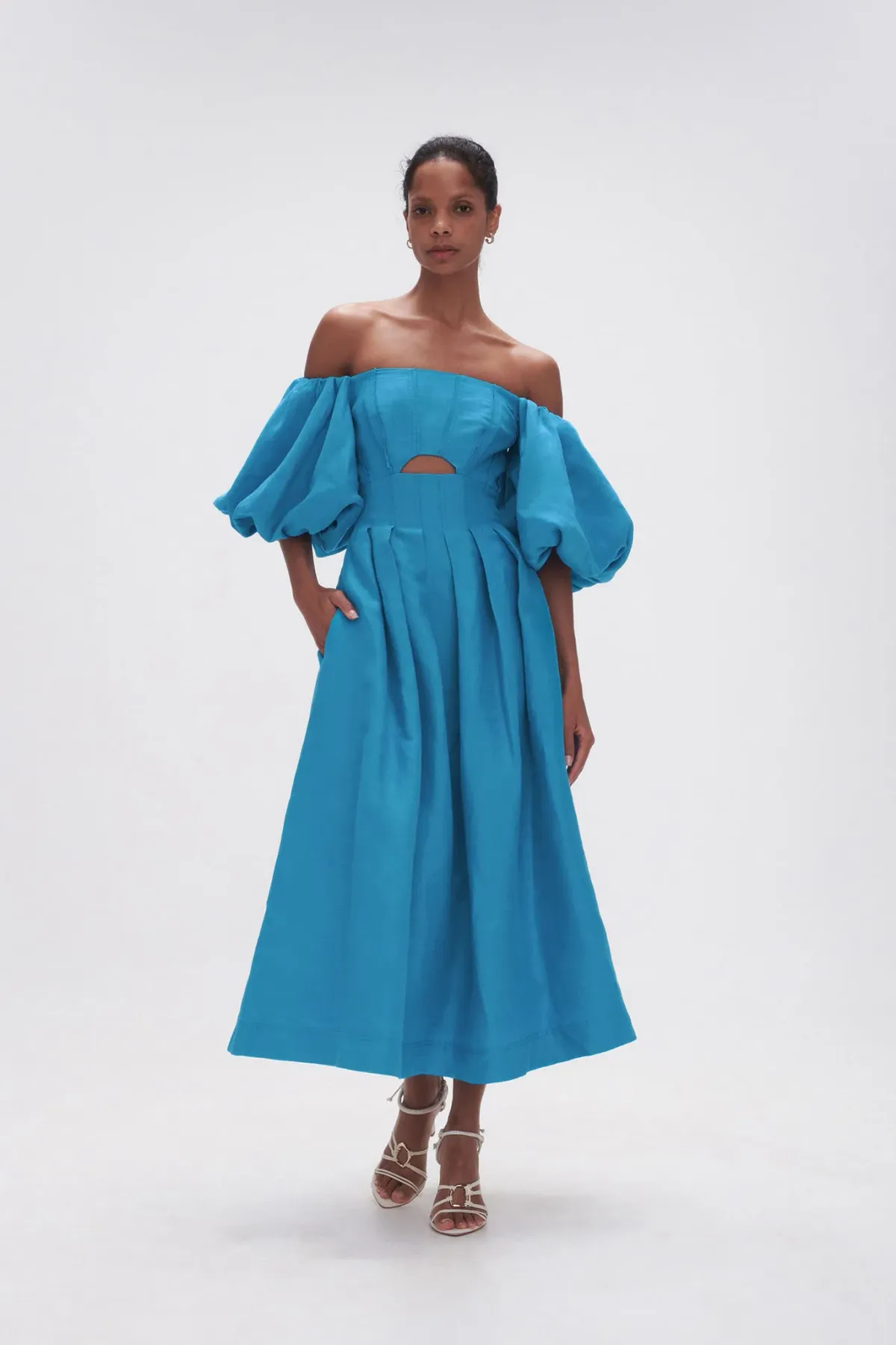 Aje Eugenie Off Shoulder Midi Dress Azure Blue Size 8 for rent on The Volte - main image