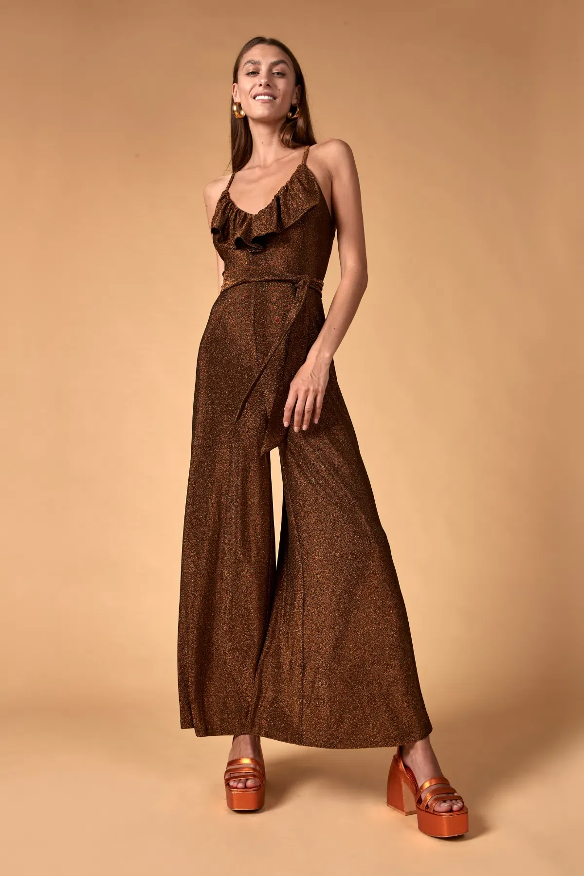 Nine Lives Bazaar Nova Floor Length Jumpsuit Bronze Size 10  for rent on The Volte - main image