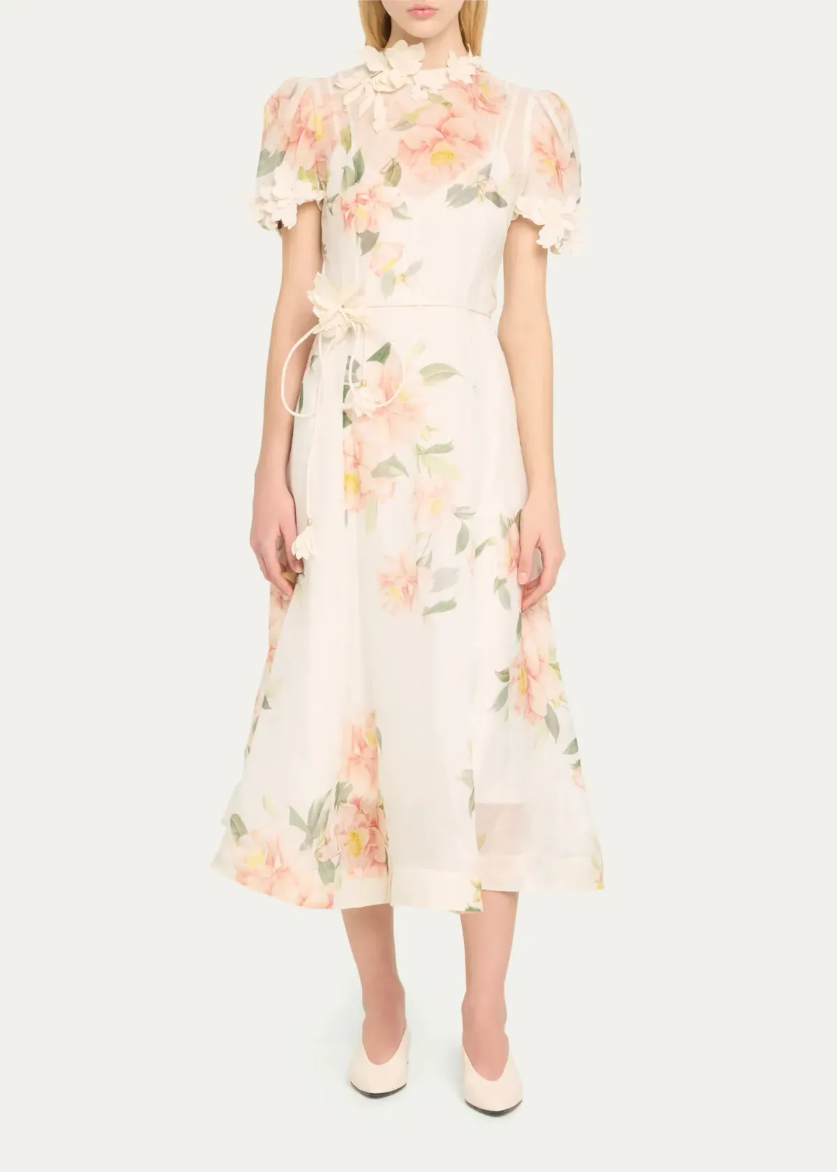Zimmermann Natura Liftoff Flower Midi Dress Ivory Camellia Size 0 / AU 8 for rent on The Volte - main image