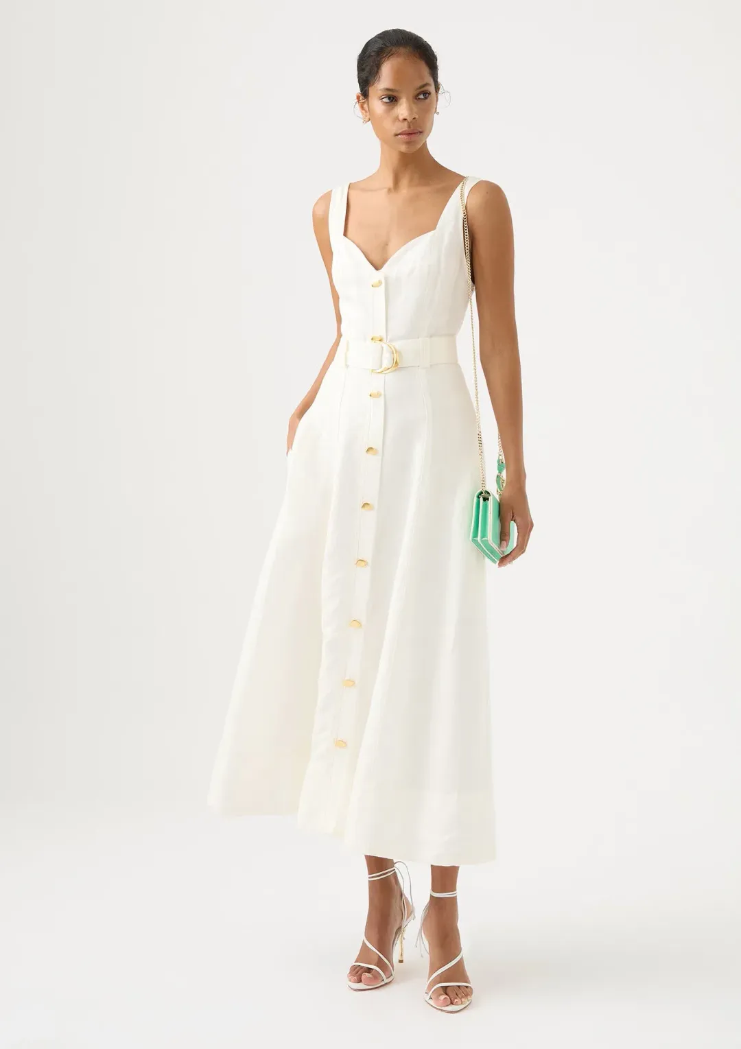 Aje Clay Belted Midi Dress Ivory Size 8 for rent on The Volte - main image