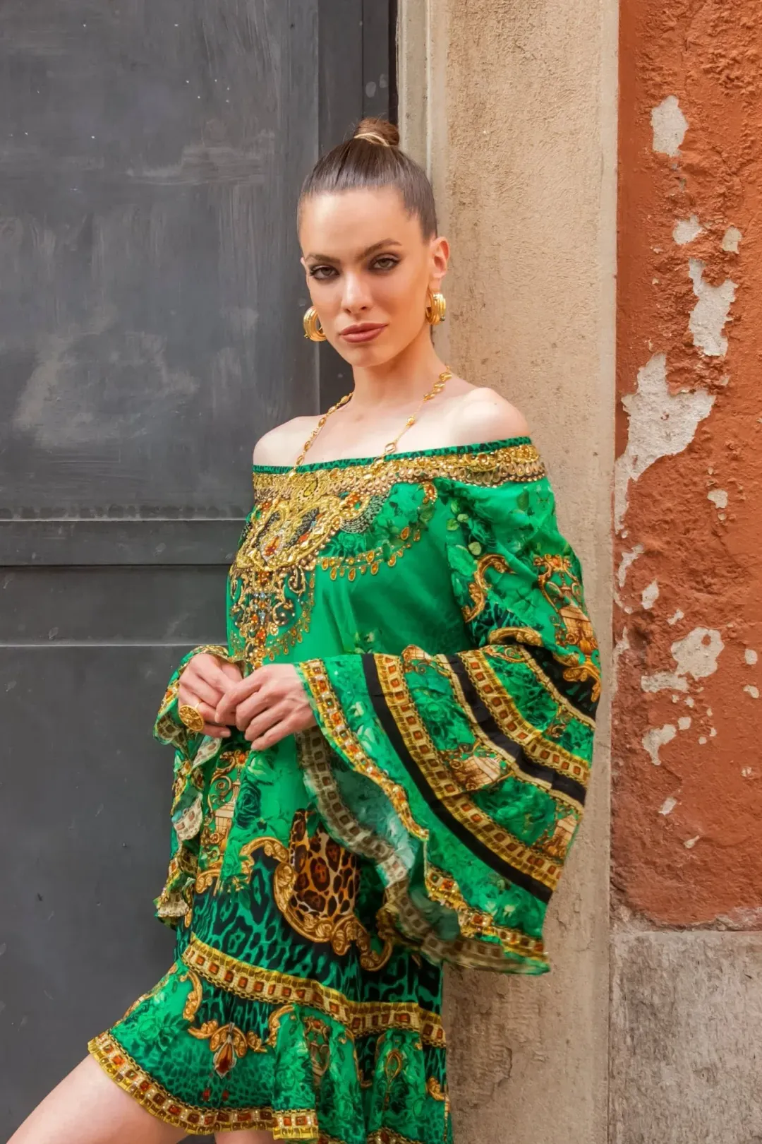 Czarina Emerald Leopardess Frill Dress Mini Green Leopard Print Size S / AU 10 for rent on The Volte - main image