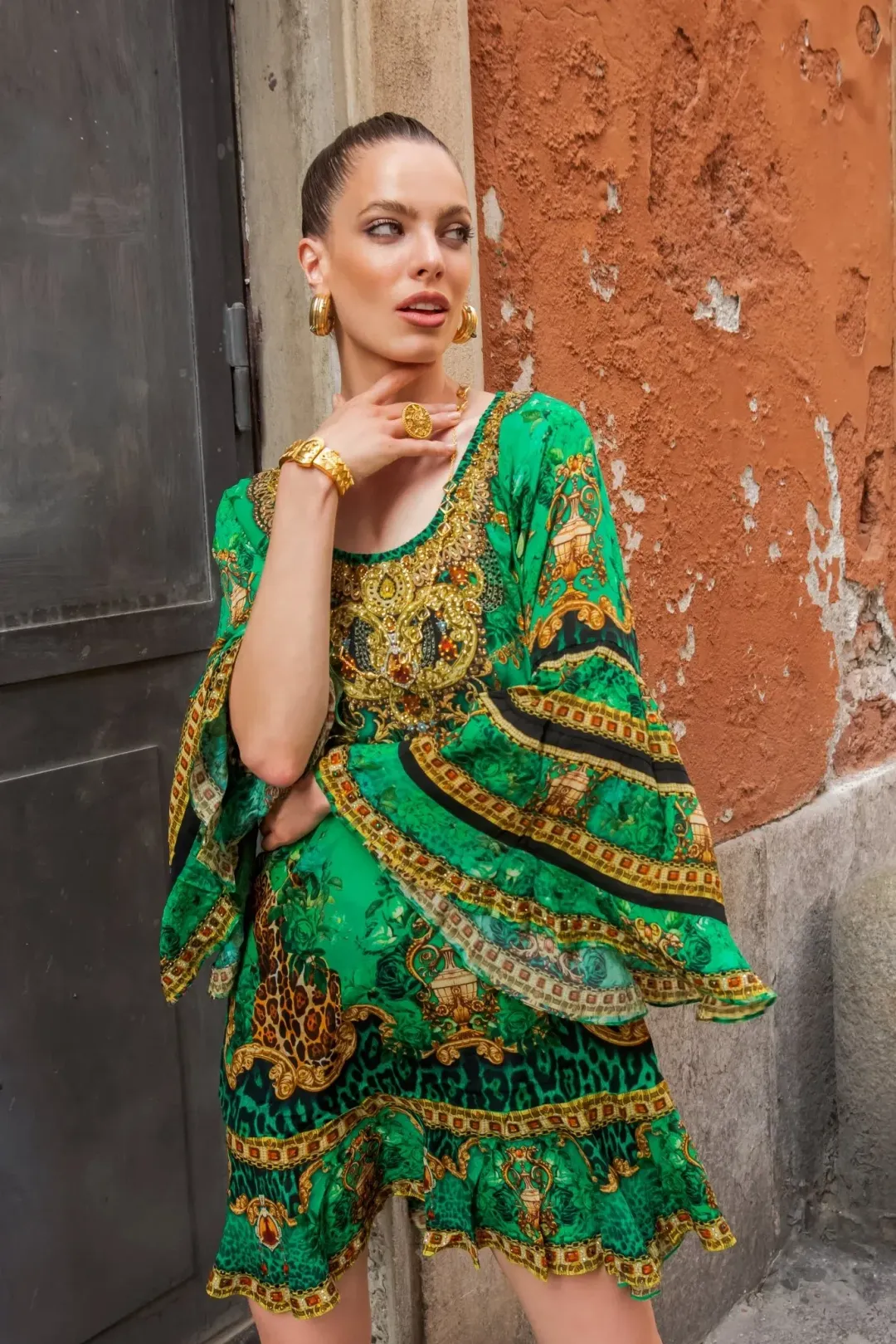 Czarina Emerald Leopardess Frill Dress Mini Green Leopard Print Size S / AU 10 for rent on The Volte - main image
