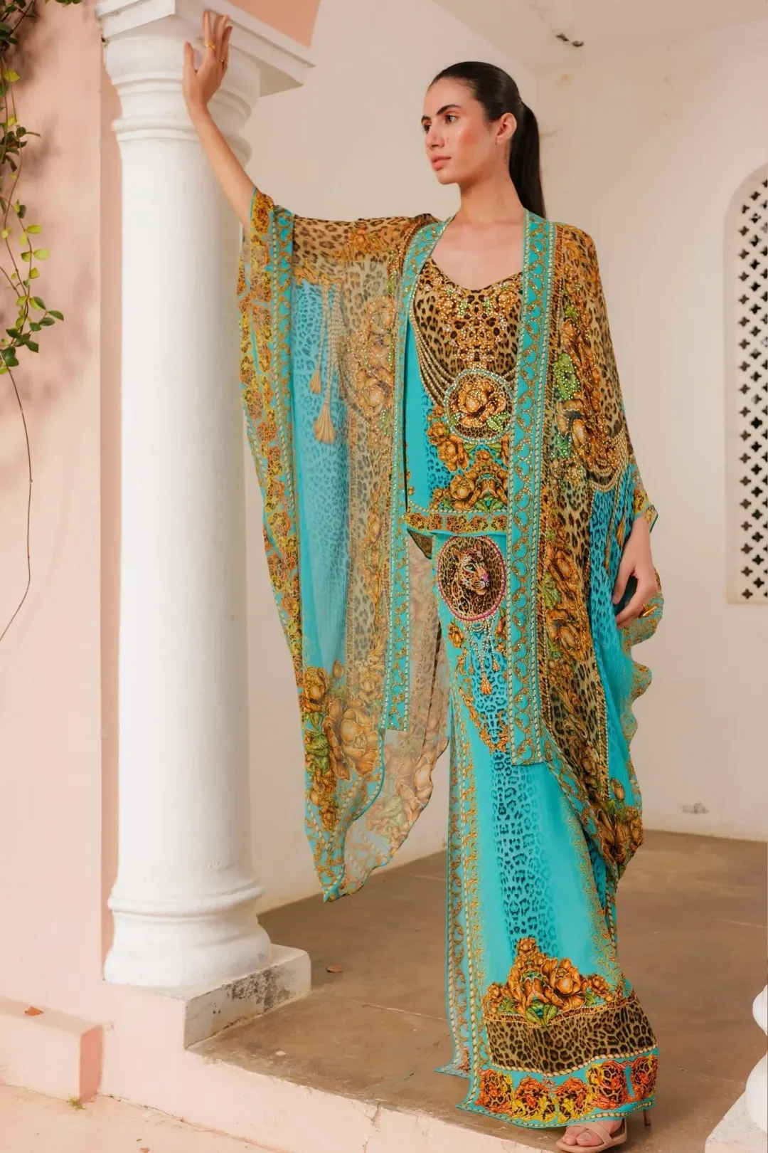 Czarina Aqua Leopardess Medium Cape Turquoise Leopard Print One Size for rent on The Volte - main image