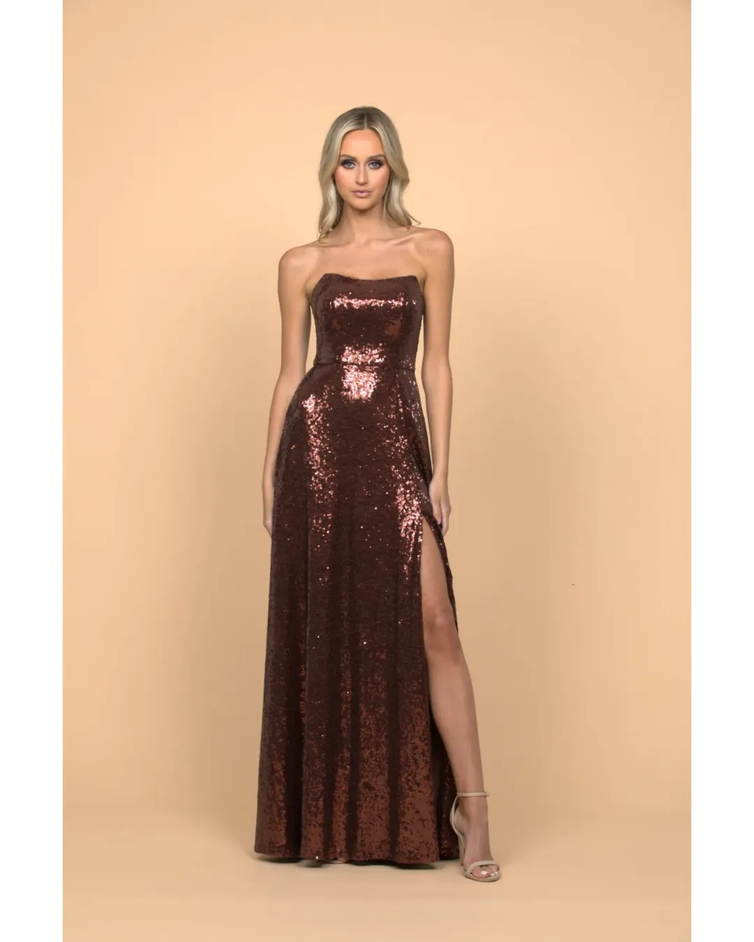 Bariano Miya Strapless Flowy A-line Gown In Chocolate Size AU 14 for rent on The Volte - main image