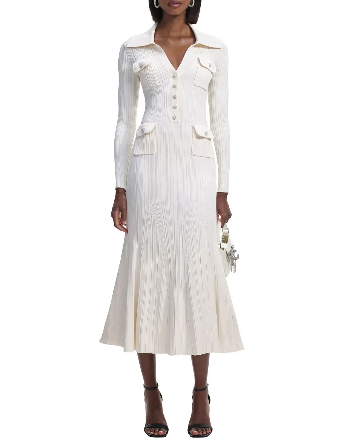 Self Portrait Ribbed Knit Midi Dress Cream Size 8  for rent on The Volte - main image