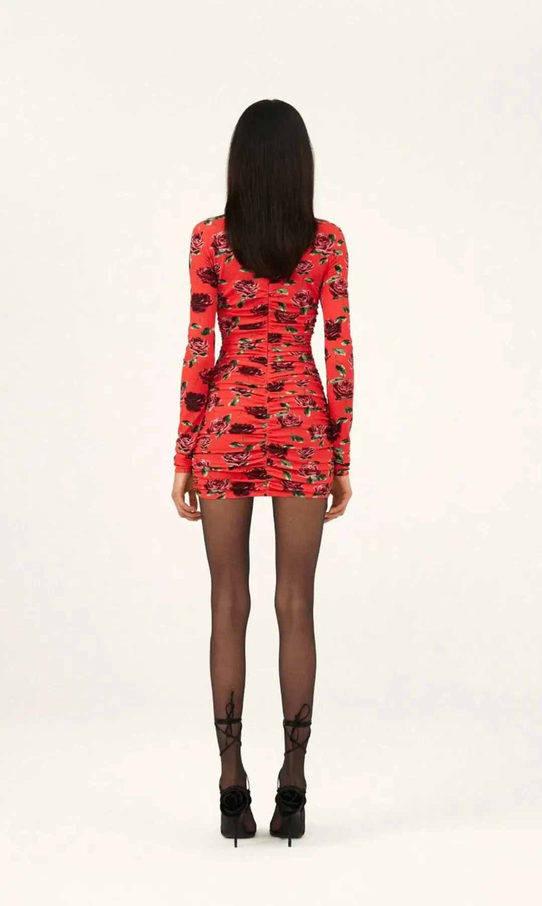 Magda Butrym High Neck Long Sleeve Ruched Mini Dress Red Orange Floral Size FR 36 / AU 8 for rent on The Volte - main image