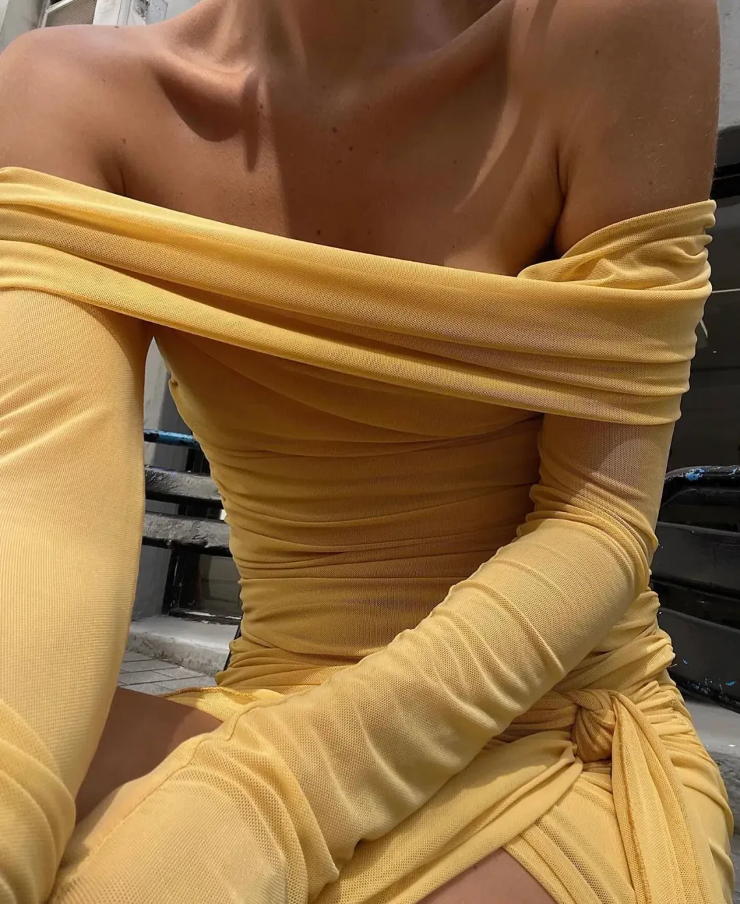 Benni Yasmine Off Shoulder Mini Dress Yellow Size 8 for rent on The Volte - main image