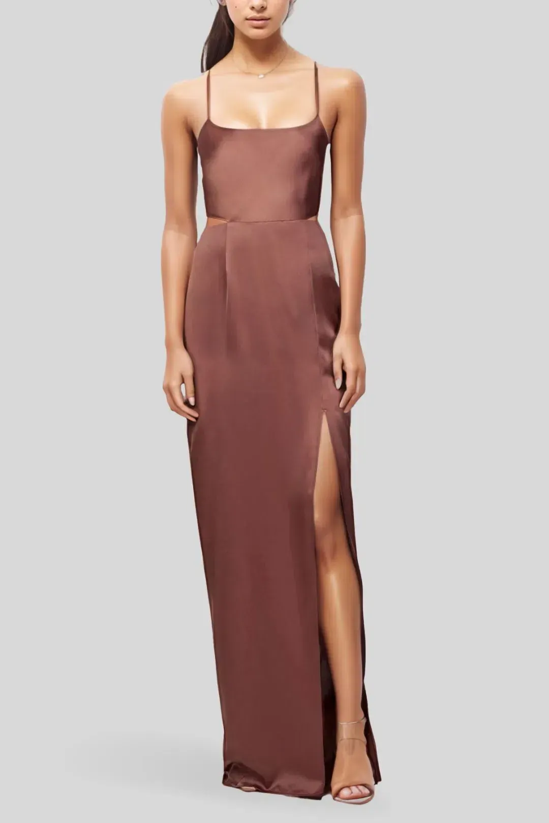 Nookie Stella Cut Out Gown in Mocha Brown Size 8 for rent on The Volte - main image