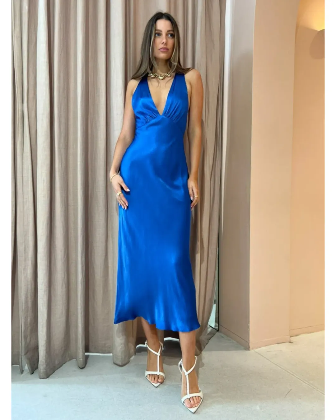 Shona Joy Oliviera Plunged Cross Back Midi Dress Blue Size AU 8 for rent on The Volte - main image
