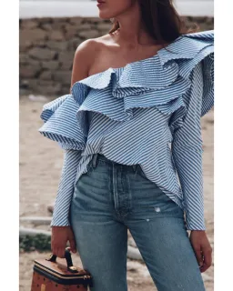 Johanna Ortiz Anastasia One Shoulder Top in Blue Stripe Size AU 8 for rent on The Volte - image 1