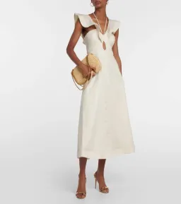 Zimmermann Halcyon Cutout Ruffled Shell Embellished Linen Midi Dress Cream Size 4/AU 16 for rent on The Volte - image 1