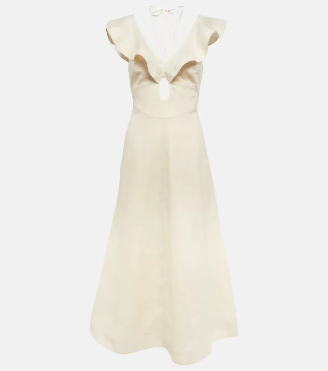 Zimmermann Halcyon Cutout Ruffled Shell Embellished Linen Midi Dress Cream Size 4/AU 16 for rent on The Volte - main image