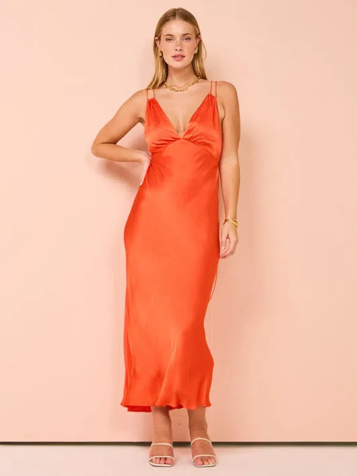 Shona Joy Mia Contrast Plunged Double Strap Midi Dress In Hibiscus Size 6  for rent on The Volte - main image