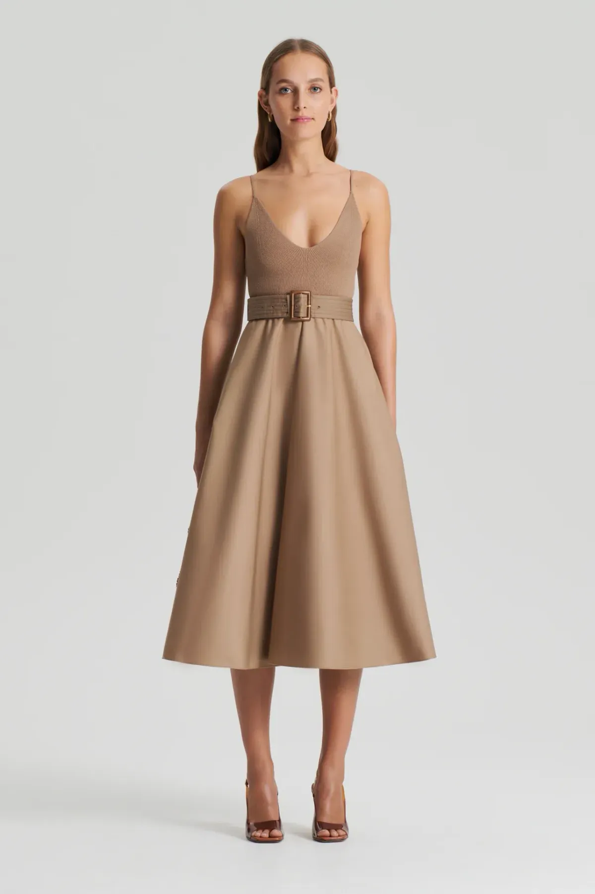 Scanlan Theodore Crepe Knit Camisole Midi Dress Camel Size 8 for rent on The Volte - main image