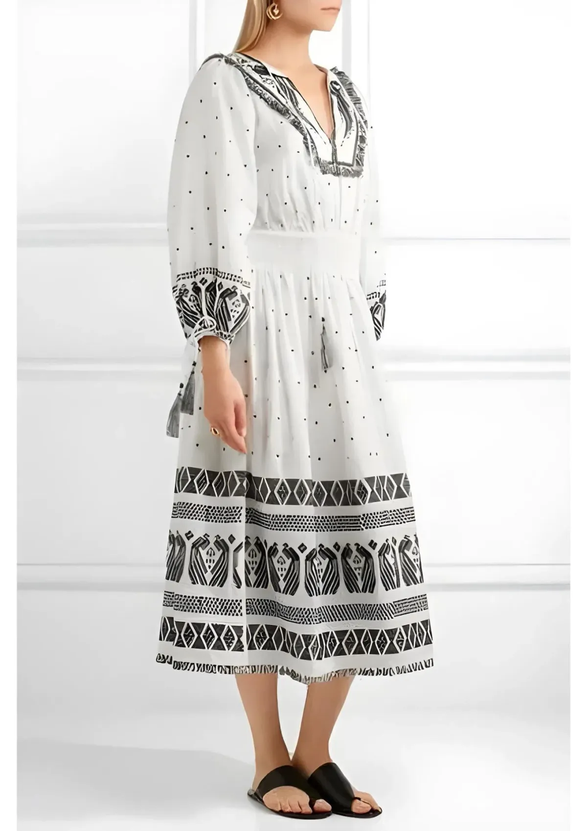 Zimmermann Divinity Midi Embroidered Linen Dress White/Black Size 0 / 8 AU for rent on The Volte - main image