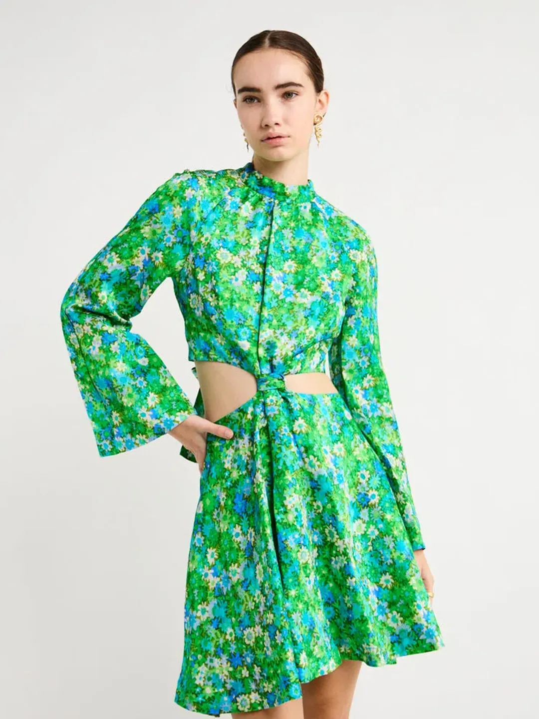 Alemais Cassandra Cut Out Mini Dress Green Floral Size 14 for rent on The Volte - main image