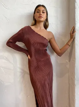 L'Idee Soiree One Shoulder Long Sleeve Midi Dress Brown Size 12  for rent on The Volte - image 2
