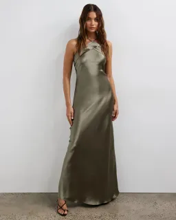 Minima Esenciales Marlo Satin Maxi Dress Olive Green Size 6 for rent on The Volte - image 1
