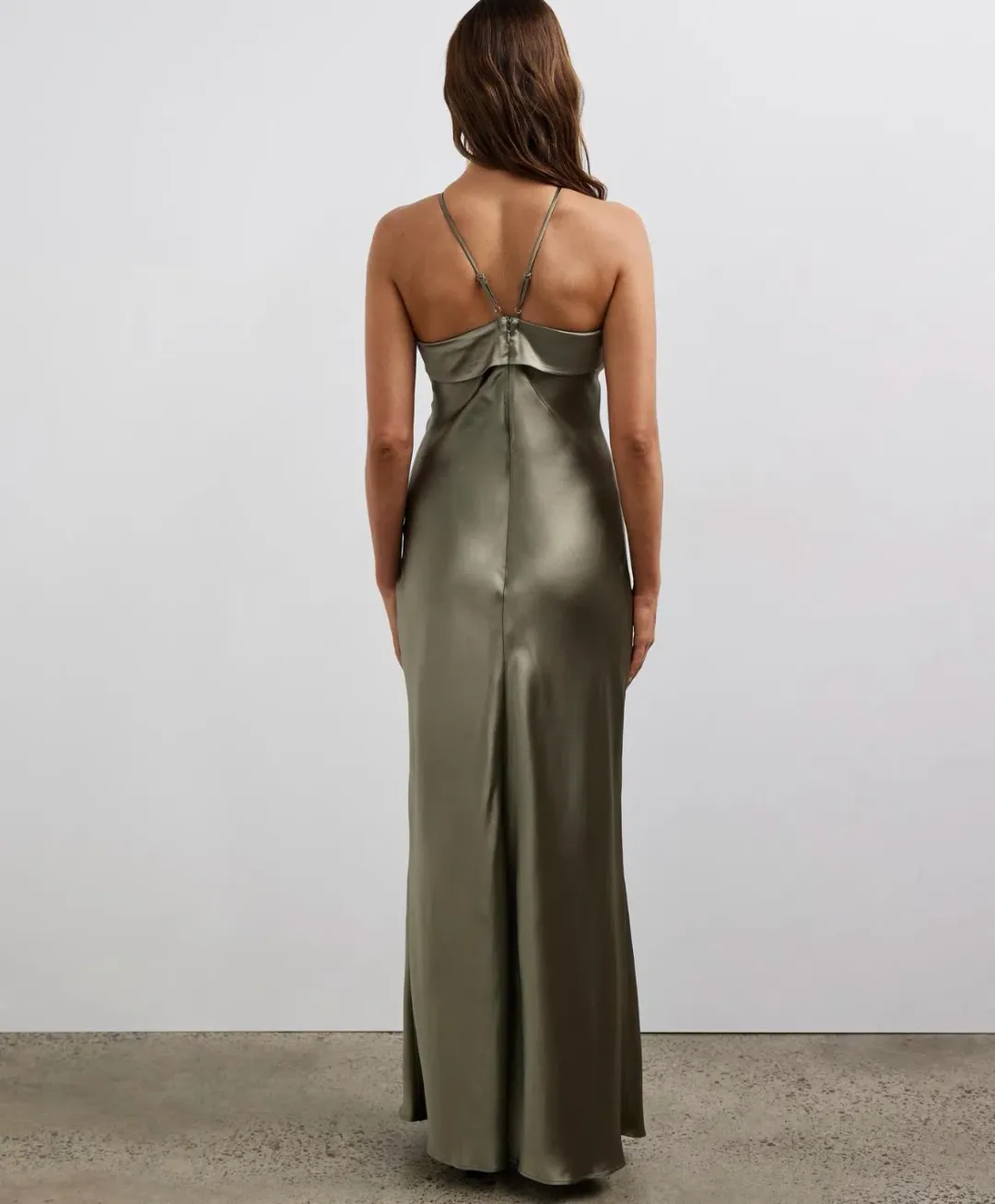 Minima Esenciales Marlo Satin Maxi Dress Olive Green Size 6 for rent on The Volte - main image