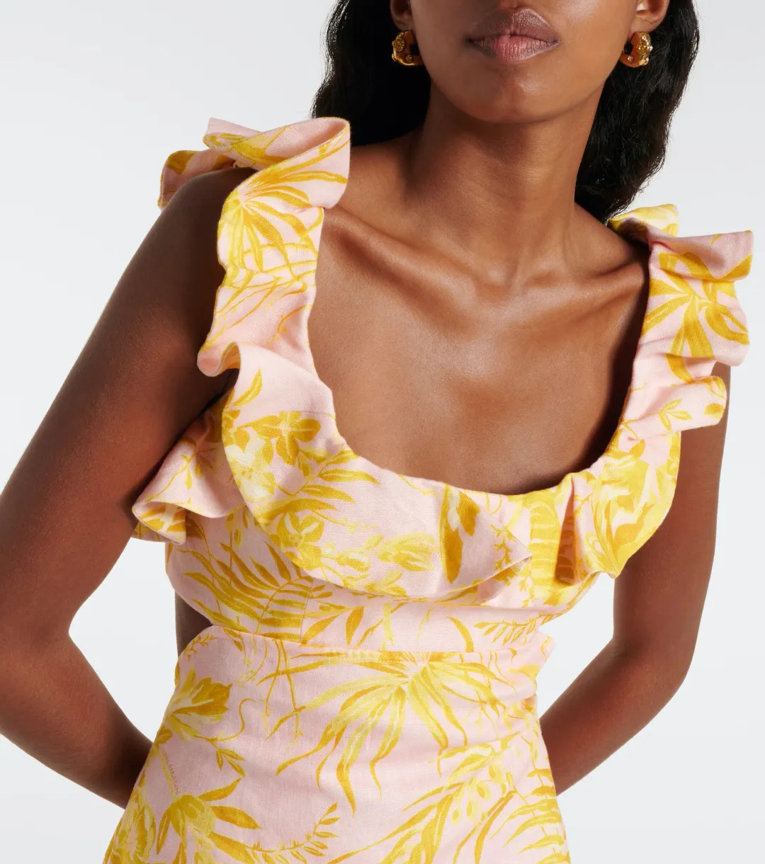 Zimmermann Golden Ruffle Mini Dress Pink/Gold Floral Size 0 / AU 8 for rent on The Volte - main image