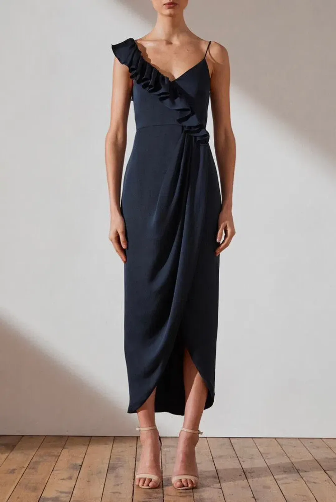 Shona Joy Asymmetrical Frill Draped Dress in Sapphire Size 6 for rent on The Volte - main image