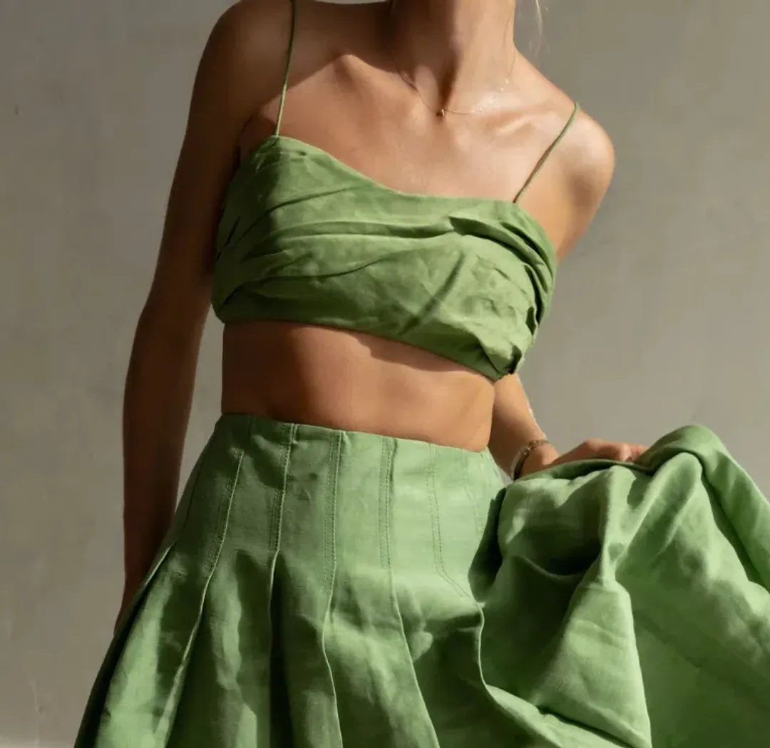 Aje Thea Draped Twist Crop Top and Paradiso Cinched Midi Skirt Set Fern Green Size 8 for rent on The Volte - main image