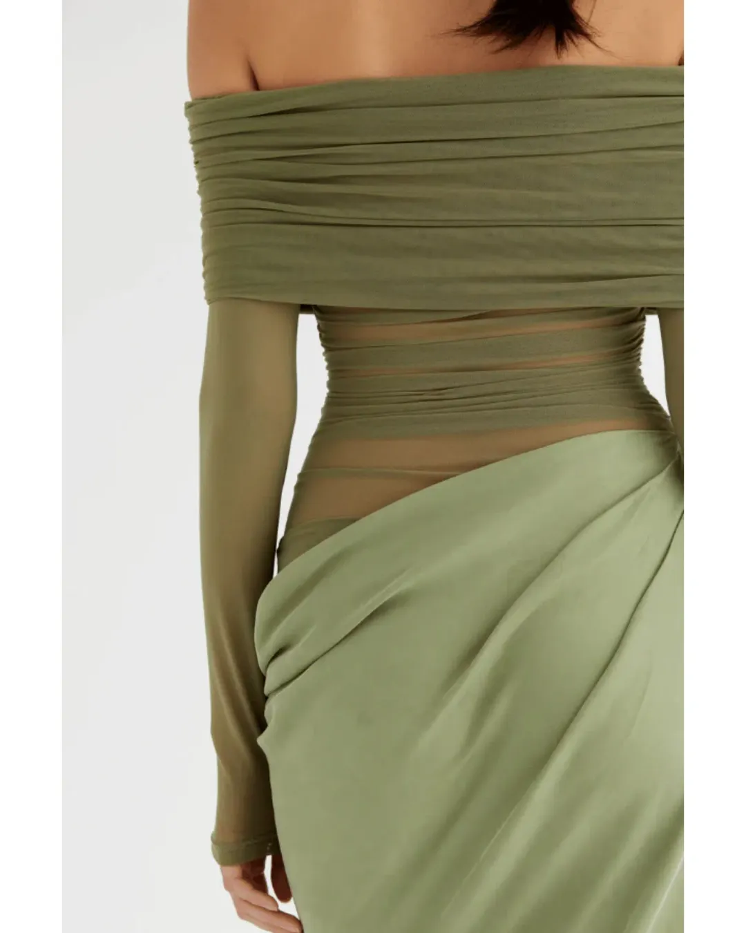 Benni Yasmin Off The Shoulder Maxi Dress in Pistachio Size AU 12 for rent on The Volte - main image