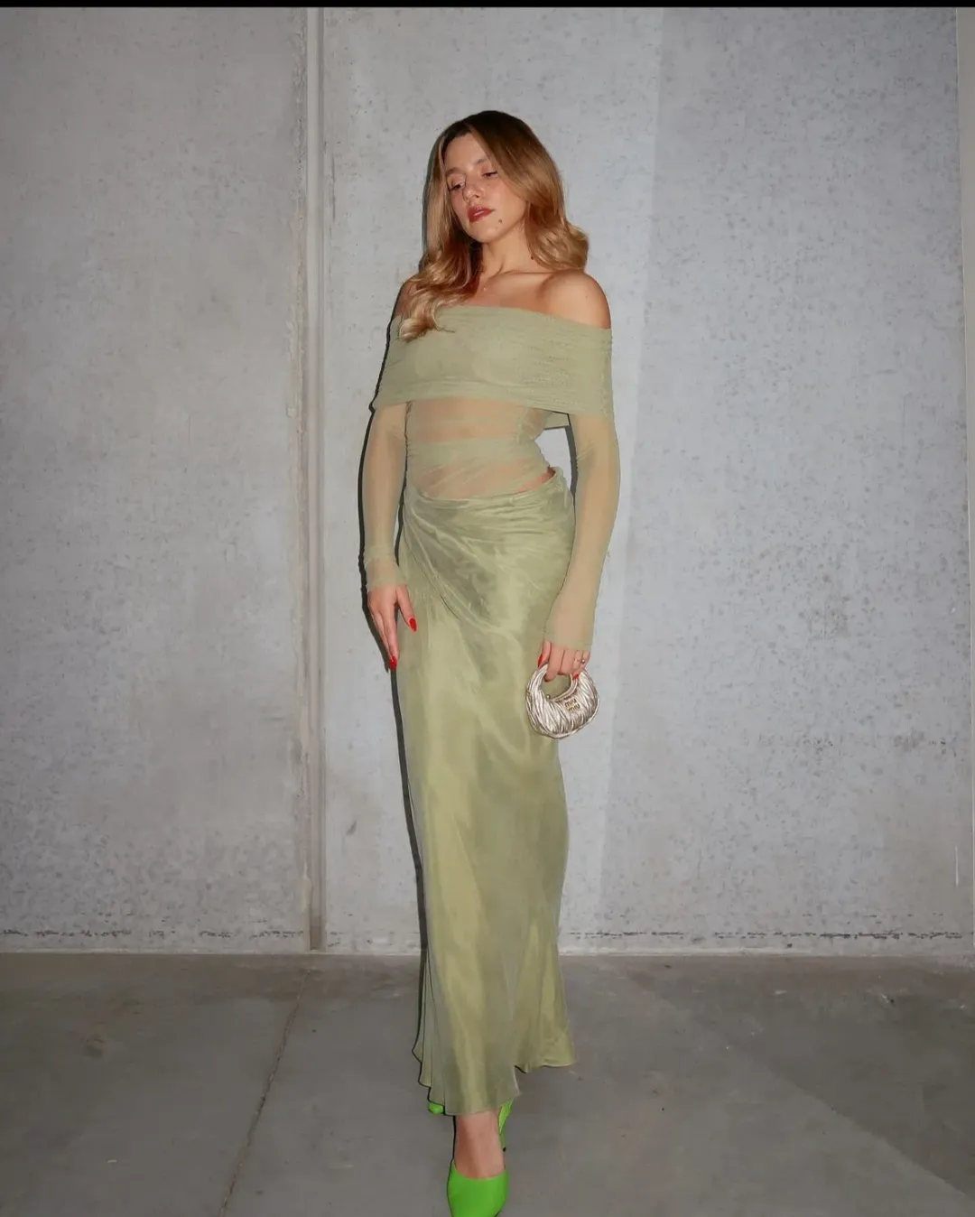 Benni Yasmin Off The Shoulder Maxi Dress in Pistachio Size AU 12 for rent on The Volte - main image