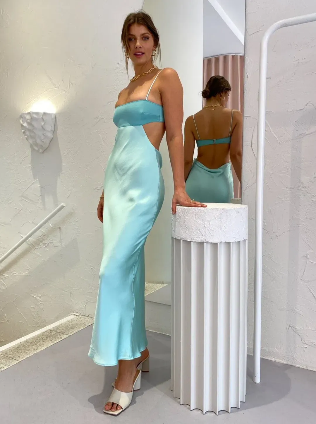 Bec & Bridge Agatha Cut Out Midi Dress in Cool Mint Size 8 for rent on The Volte - main image