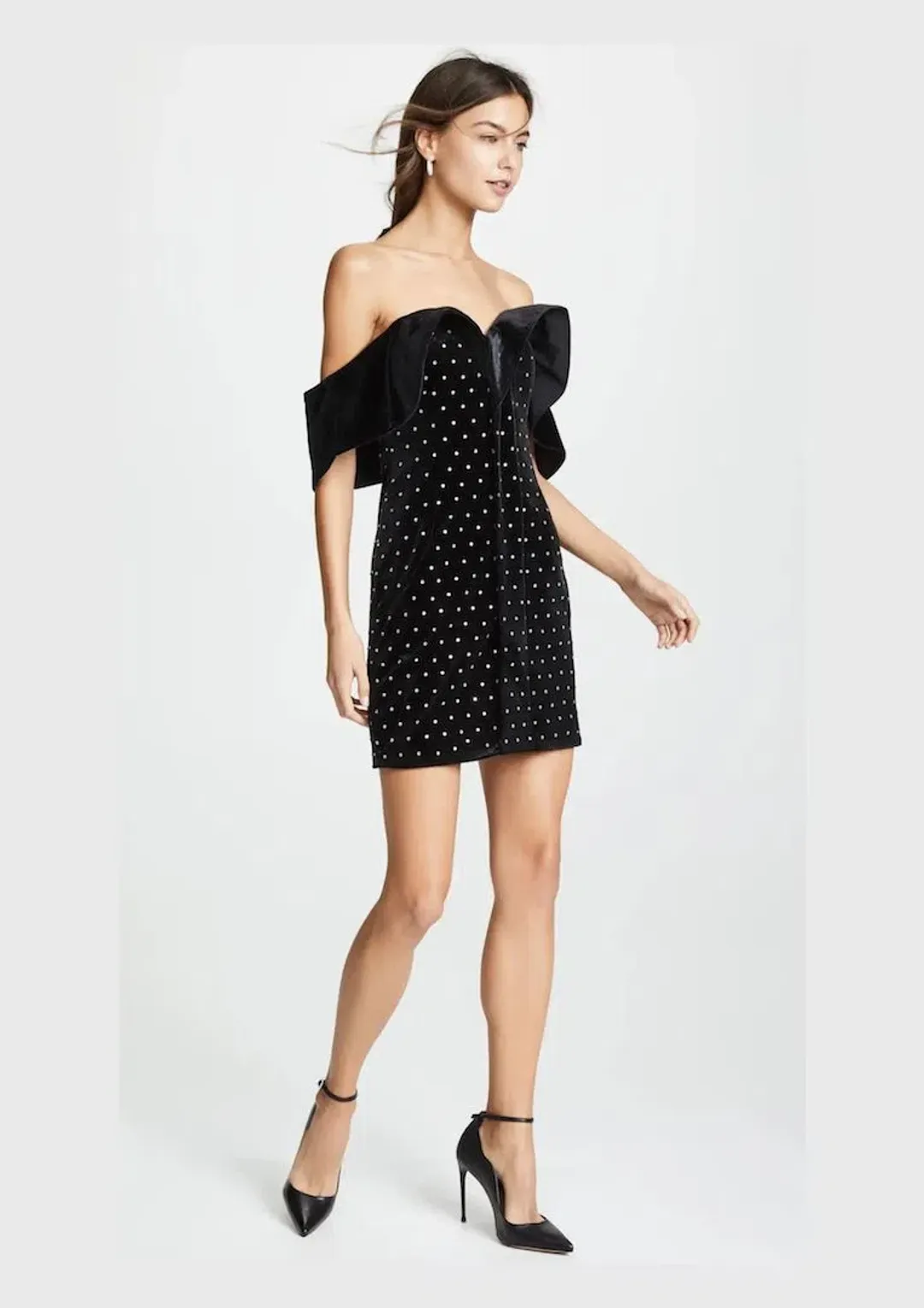 Self Portrait Off Shoulder Velvet Mini Dress Black Size 6 for rent on The Volte - main image