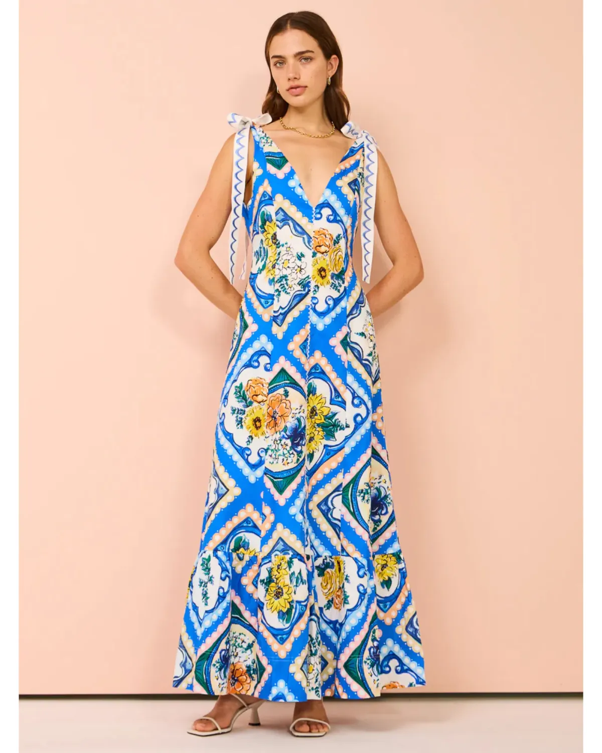 By Nicola Adonica Tie Shoulder Maxi Dress in Azure Flower Size AU 14 for rent on The Volte - main image