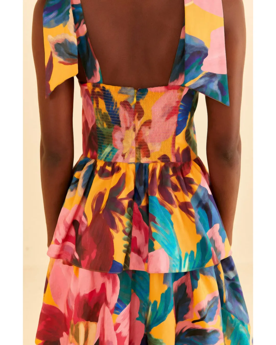 Farm Rio Yellow Painted Flowers Tiered Midi Dress Print Size Small / AU 8 for rent on The Volte - main image